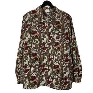 Floral Blouse Burgundy Red Green Button Collar Vtg Koret Preppy Office 16W